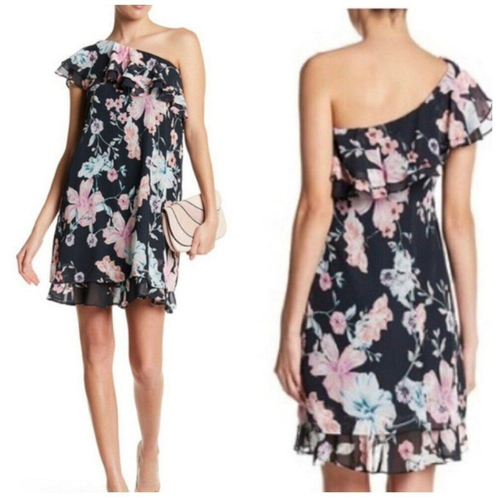 Eliza J Dark Green Floral One Shoulder Ruffle Chiffon Dress